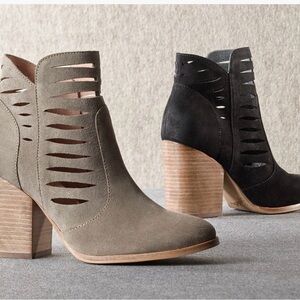 Seychelles Taupe Suede Cutout Ankle Boot with Stacked Heel